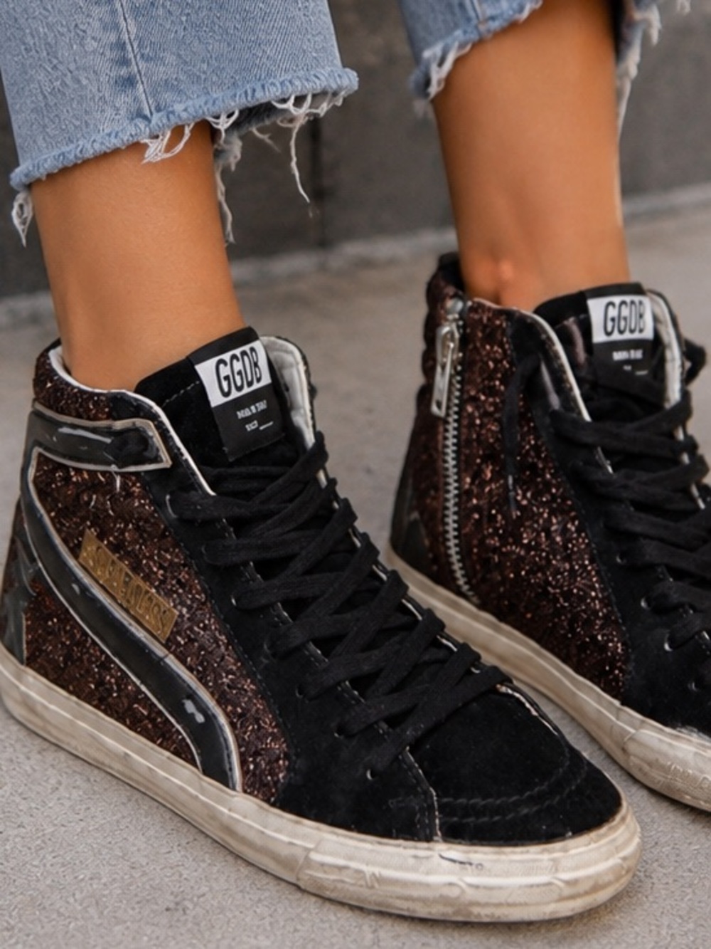 Auth Golden Goose Slide High Top Sneakers Brown Glitter/Black Size 38